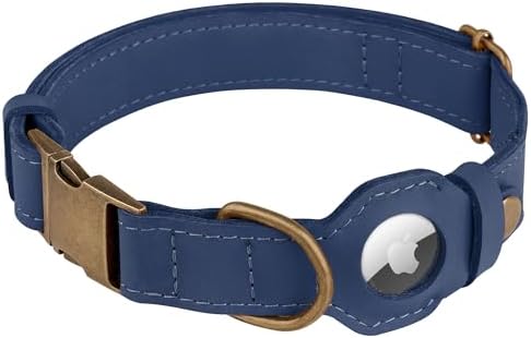 AirTag Dog Collar - Genuine Leather Dog Collar with Apple AirTag Holder and Metal Buckle - Smart GPS Tracking Pet Collars (Smoky Blue, S, 12"-15" Neck Fit) (Smoky Blue, M, 14"-18" Neck Fit)
