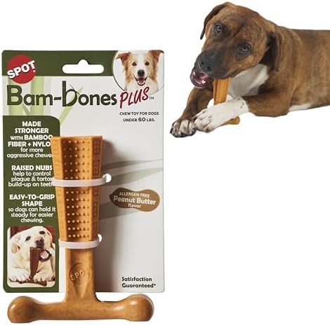 SPOT Bam-Bones Plus T Bone - Bamboo Fiber & Nylon, Durable Long Lasting Dog Chew for Aggressive Chewers – Toy for Dogs & Puppies Under 60lbs, Non-Splintering, 6in, Allergen Free Peanut Butter Flavor
