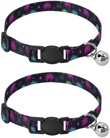 2 Pack Pet Collars Tropical Palm Trees Neon Kitten Bell Collar, Adjustable 10.6 to 17.1 Inches