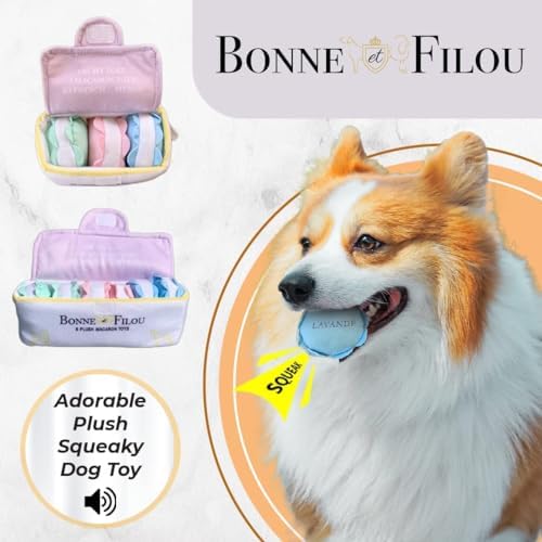 Bonne et Filou 6 Count Macarons Shape Plush Squeaky Dog Toys Interactive Puppy Chew Toys for Aggressive Chewers Dog Toys for Small and Medium Dogs