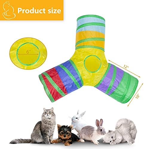 3 Way Cat Tunnel Collapsible Fun Pet Play Tube Toys for Cats, Kittens, Puppies & Rabbits - Portable Tunnel with Hanging Ball for Indoor Play, Hideout & Exercise