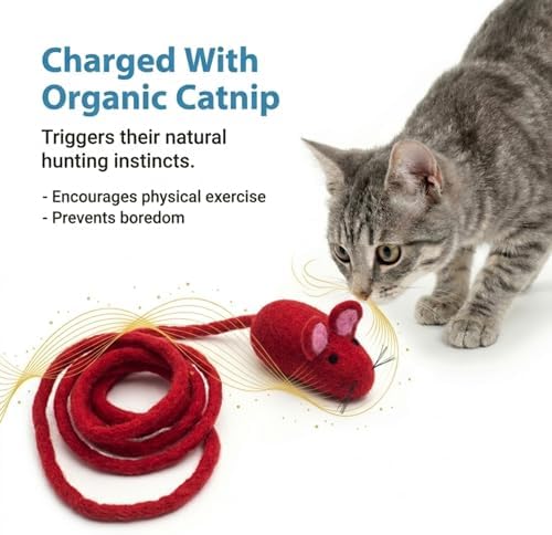 Glaciart One Felt Mouse Cat Toy – Soft Fuzzy Enrichment 100% Natural Wool - Interactive Catnip Play Cat Toy Set - Safe for Pets, Non-AZO Colored Dyes - 100” Long
