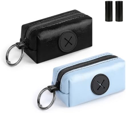 2pack Dog Poop Bag Holder with 2 Roll Bags Lightweight Zipper Dog Poop Bag Holders for Leashes Reusable Small Puppy Pet Waste Bags Dispenser Pouch with Clip-On Black/Blue