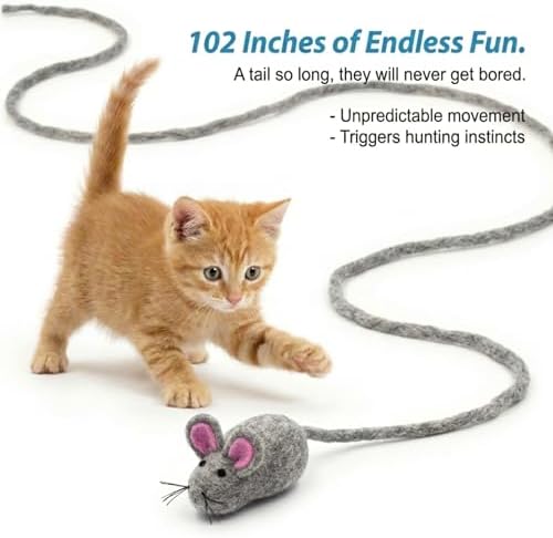Glaciart One Felt Mouse Cat Toy – Soft Fuzzy Enrichment 100% Natural Wool - Interactive Catnip Play Cat Toy Set - Safe for Pets, Non-AZO Colored Dyes - 100” Long