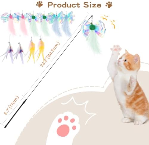 Pawaboo Cat Feather Wand Interactive Toy, 10 Feathers + 1 Wand with Bell