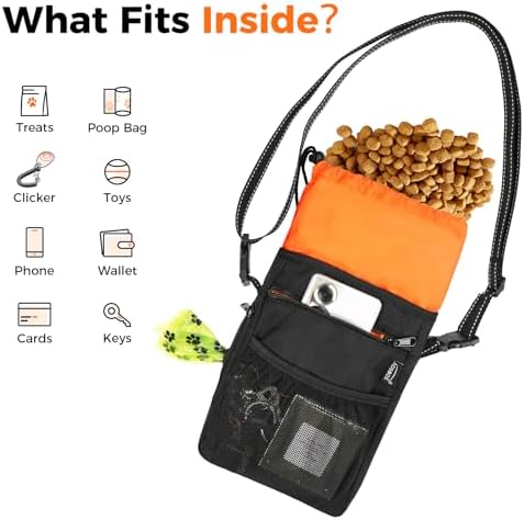 Aosbos Dog Treat Pouch with Built-in Poop Bag Dispenser & Easy-Clean Liner - Dog Training Treat Bag with Reflective Strap & Belt Clip, Black Orange
