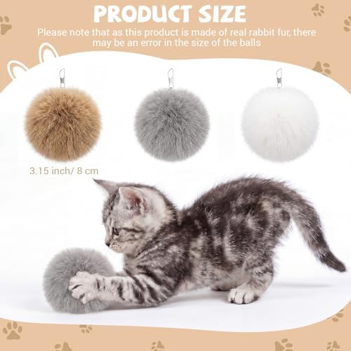 18 Pack Natural Rabbit Fur Cat Toy Refills, Mouse Tail Fur Ball Shaped Cat Toys, Interactive Cats Wand Toy Replacement Head with Secure Connector (Pom Pom)