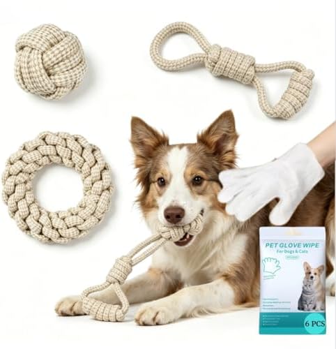 Dog Rope Toys 5 Pack, 100% Natural Cotton Puppy Chew Toys for Small Medium Dogs, Durable Tug of War Toy for Aggressive Chewers, Teeth Cleaning & Boredom Relief, with Pet Wipes