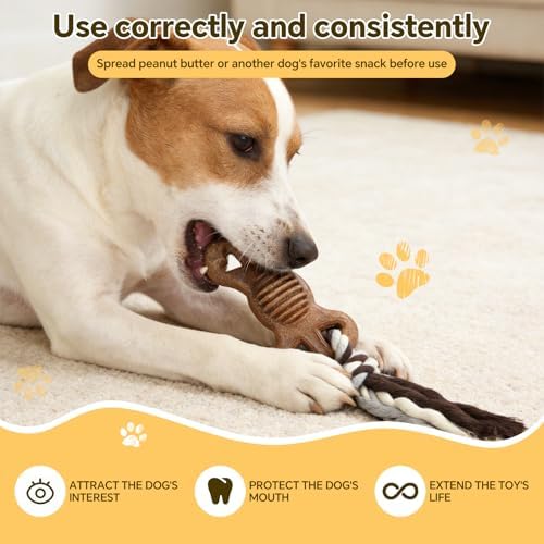 Dog Chew Toys for Aggressive Chewers – Puppies & Adults, Multiple Textures & Rope， ndestructible Tough Durable Interactive Dog Toys， Brown Bone