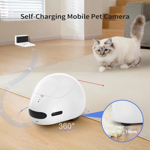 Pet Camera Robot with Treat Dispenser & Laser, Moving Cat Robot Camera for Dogs and Cats with Two-Way Audio, App Remote Control, Auto Recharge, Night Vision