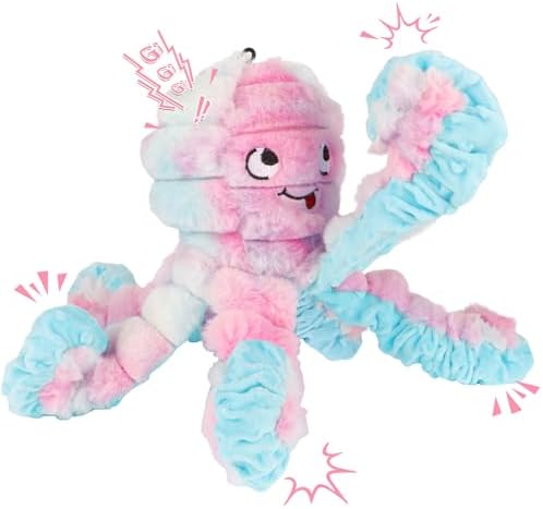 Tough Octopus Dog Toy, Interactive Squeaky & Crinkle Tug of War Toy for Aggressive Chewers, Large Durable Plush Chew Toys to Keep Dogs Busy- Crinkle Octopus, Large (Pink)