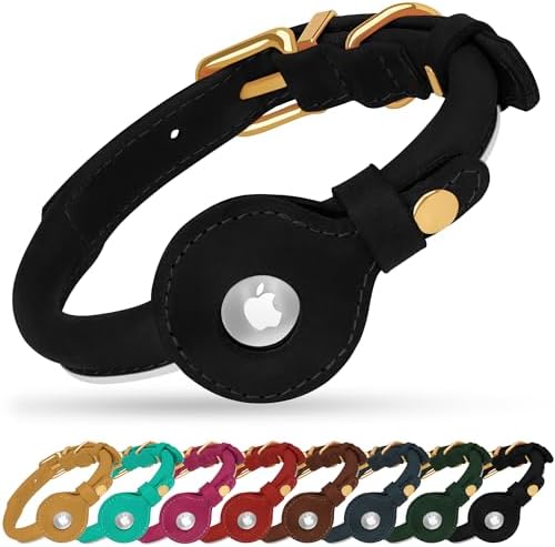 OOPSDOGGY Rolled Leather Dog Collar with Airtag Holder - Reflective Round Airtag Dog Collar - Soft Tracking Pet Collar for Small Dogs Puppy Cats Kitten (Black, XL, 17"-21")