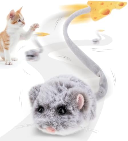 Migipaws Interactive MigiMouse Cat Toy 360° Rolling & Spin with Wiggling Tail for Indoor Cats Smart Motion Sensor, Realistic Squeak, Rechargeable Plush Kitten Toy(Grey Long)