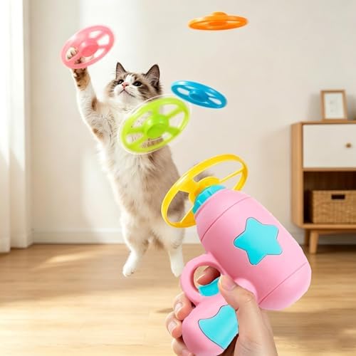 17 Pcs Cat Fetch Toy with Colorful Flying Propellers Set, Additional Flying Discs for Outdoor & Indoor Pet Chasing Training Hunting, Interactive Cat Propeller Toy (Star Pink + Blue)