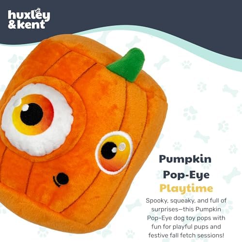 Huxley & Kent Interactive Halloween Funny Dog Toy w/Squeaker – Power Plush Puzzle Dog Toys for Small, Medium & Large Dogs – Treat Hiding Play Time - Pop 'n Fetch Pumpkin Pop-Eye