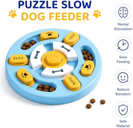 Interactive Dog Puzzle Toy Slow Feeder – Dog Enrichment Toys for Mental Stimulation, Anti-Slip Food Puzzle Bowl, Slow Eating Feeder for Puppies & Dogs, Boredom Relief Pet Toy (Blue and Yellow)