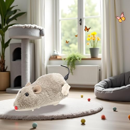 Brown Wind Up Mouse - Mouse Hunting, Feathered Cat, Interactive Wind Up for Cats Life Like Simulation, Rats Chasing Interactive for Indoor Kitties Cat Mice and Animals