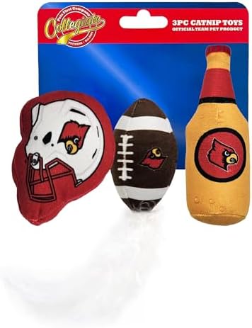 Pets First Best Plush CAT Toy NCAA Louisville Cardinals Complete Set of 3 Piece Cat Toys Filled with Fresh Catnip. Includes: 1 Helmet Cat Toy, 1 Football Cat Toy with Feathers & 1 Beer Bottle.