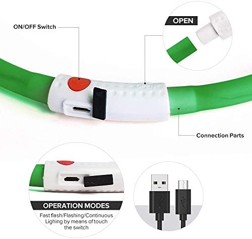 BSEEN Light Up Dog Collars - Silicone LED Dog Collar, Cuttable Lighted Puppy Collar, Glowing Dog Walking Lights for Small Medium Large Collars (Green)