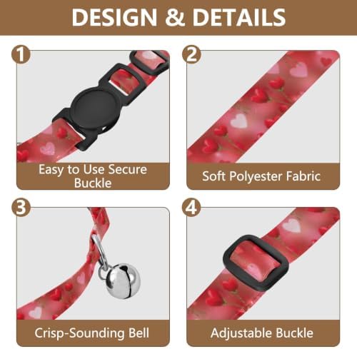 Red Heart Flowers Stems Dog Bell Collar 2 Pack Kitten Collars Adjustable 10.6 to 17.1 Inches