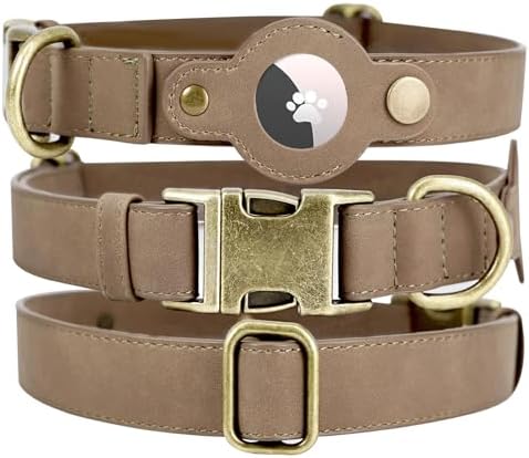 Airtag Dog Collar, PU Leather Brown Collar w Airtag Holder for Medium Dogs