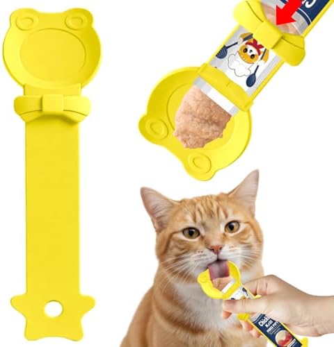 Lickable Cat Treat Spoon, Puree Squeeze Feeder, Silicone, Yellow