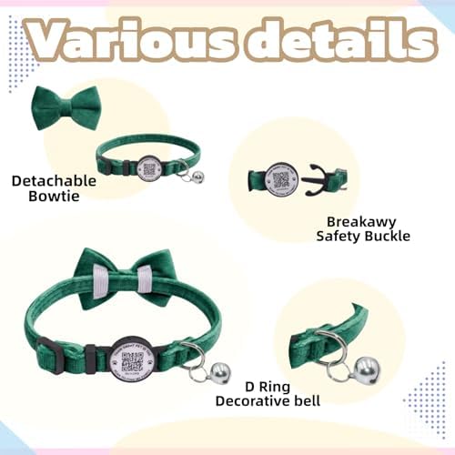 THAIN Personalized Cat Collar with Bell and Bowtie Breakaway QR Code Name Smart ID tag Quick Release Soft Comfortable Collar for Cats and Kittens (Green)