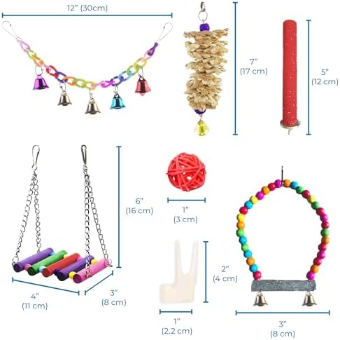 SunGrow Parrot Swing and Perch Bundle, Keep Birds from Hatching Plans for World Domination with Joyful Colorful Items for Love Birds, Conures, Cockatiels, Finches, Parakeets, 12 Pieces