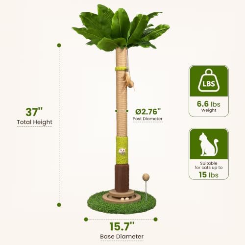 37'' Tall Cat Scratching Post, Sturdy Cat Tree Tower with Plush Perch, Hanging Toy & Interactive Wooden Ball, Durable Sisal Scratcher for Indoor Cats and Kittens