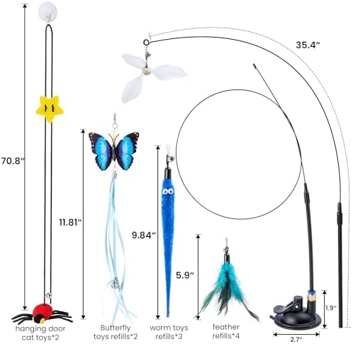 3-in-1 Cat Wand Toys,12Pcs Interactive Cat Feather Toys for Indoor Self Play & Exercise,2 Reusable Strong Suction Cups,2 Hanging Spider Toys for Kitten
