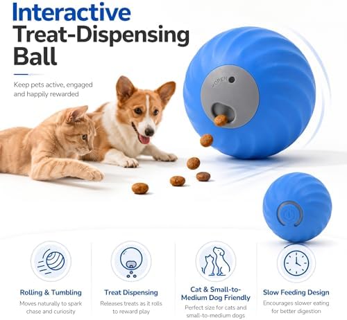 Automatic Rolling Treat Dispensing Pet Ball, Interactive Leaking Food Pet Toy, Dual Mode Rechargeable Puzzle Feeder for Small Medium Dogs & Indoor Cats（2.83In,0.36lb,Blue）
