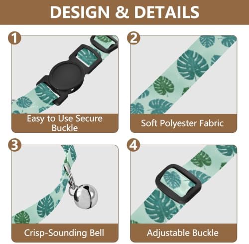 Tropical Leaf Green Blue Decorative Pet Collar with Bell 2 Pack Pet Collar Adjustable Length 10.6" to 17.1"