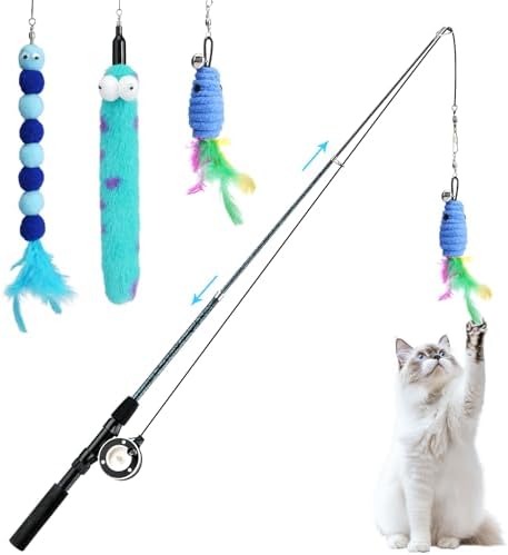 Pawaboo Cat Teaser Wand Toys, Cat Fishing Pole Toy with 3 PCS Feathers