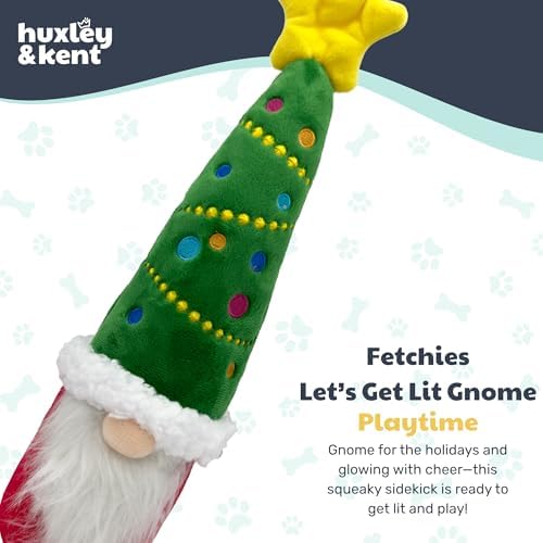 Huxley & Kent Funny Dog Toy w/Squeaker – Holiday Power Plush Squeaky Dog Toys for Small, Medium & Large Dogs – Soft Stuffed Animal for Indoor Play & Fetch - Fetchies® Let's Get Lit Gnome, Small
