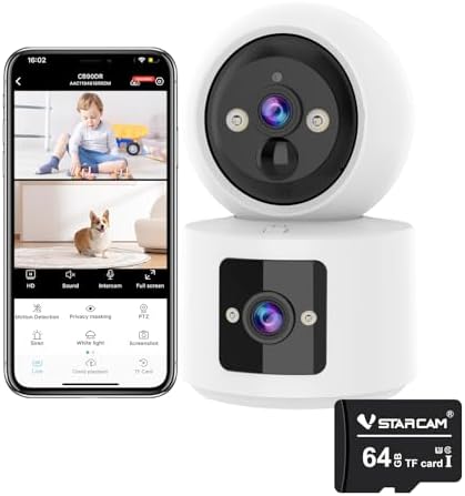 VSTARCAM 2 Lens 2K Indoor Camera with Micro SD Card 64 GB, One-Tap Call, PIR Motion Detection, Color Night Vision, Two-Way Audio