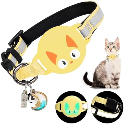 Reflective Breakaway Cat Collar for AirTag (1st & 2nd) Holder - Waterproof Safety Buckle Kitten Collar with Bell, Luminous Lightweight GPS Tracker Case Compatible with Apple Air Tag (Yellow)