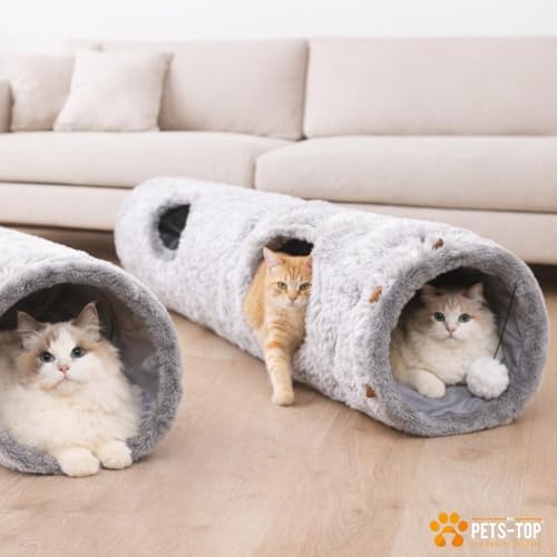 Cat Tunnels for Indoor Cats – Cat Crinkle Tunnel – Collapsible Long Plush– Cat Tube Cute Cozy Pet Play for Hours of Fun (47" / Pearl Gray)