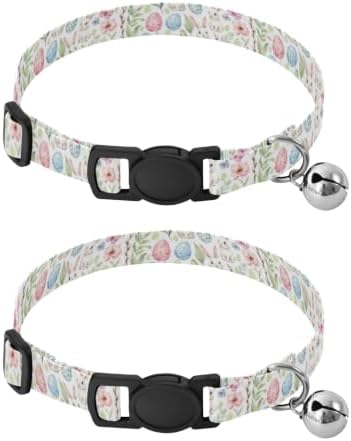 2 Pack Cats Collar Cute White Bunny Pastel Flowers Breakaway Cat Collars with Bell, Adjustable Length 10.6" to 17.1"