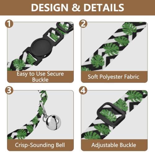 Tropical Leaf Black White Stripes Collar for Puppy, 2 Pack Cat Collar Breakaway with Bell