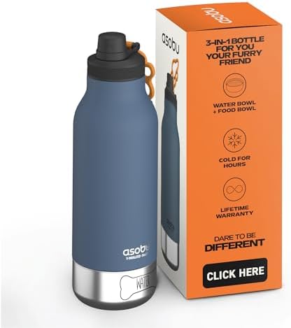 asobu Dog Barky Bottle – Insulated Stainless Steel Water Bottle with 2 Removable Dog Bowls for Food, Treats & Water – Pet-Friendly Travel Bottle for Hiking, Road Trips & Outdoor Adventures