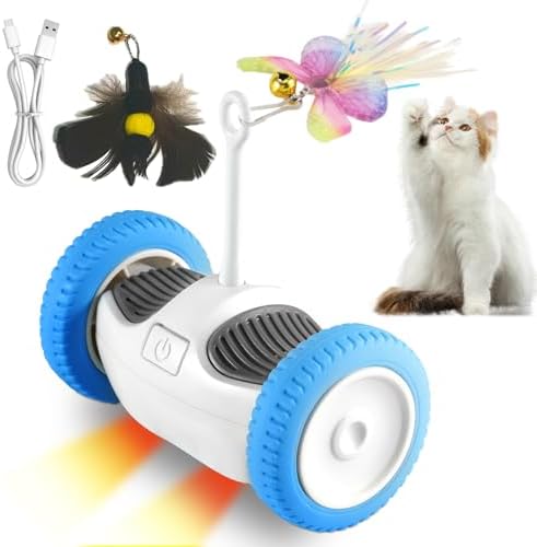 Interactive Cat Toy for Indoor Cats, Smart Toys with 2 PCE Feathers, Automatic Moving Wheels Toys for Kitten, Rechargeable Mouse Cat Toy for Bored Adult Cats