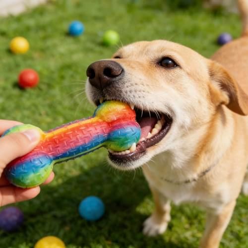 Soft TPR Rainbow Bone Dog Chew Toy, Squeaky Interactive Play Toy for Small & Medium Dogs, Gentle Chew & Teething Relief, 4.72 Inch