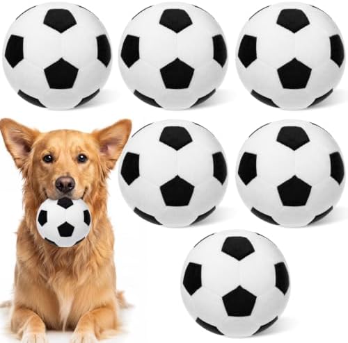Blueweenly 6 Pcs Stuffed Soccer Ball Dog Toys, 4 Inch Squeaky Football Dog Toys, Soft Interactive Chew Indoor Outdoor Playing Supply for Small Medium Large Pet Rolling Tossing Chasing Games, White