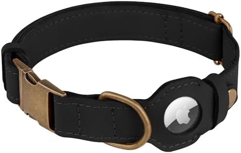 AirTag Dog Collar - Genuine Leather Dog Collar with Apple AirTag Holder and Metal Buckle - Smart GPS Tracking Pet Collars (Black, L, 17"-21" Neck Fit)