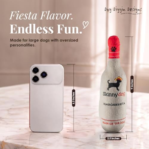 Dog Diggin Designs Skinnydog Margrrrrita Plush Dog Toy | Luxury-Inspired Parody Drink Bottle Dog Toy with Squeaker, Soft Plush Novelty Dog Toy – Shaken, Not Stirred!