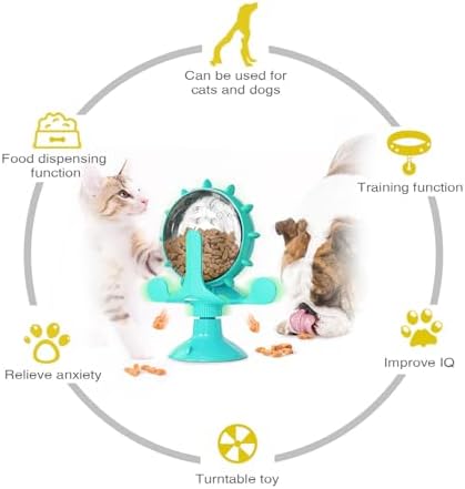 Cat Slow Feeder Toy, Interactive Windmill Design Puzzle Feeder with Suction Cup for Cats and Small Dogs BPA Free Plastic Blue
