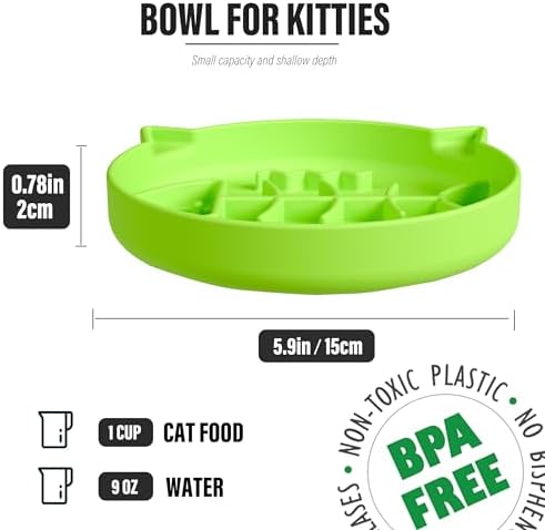 Silicone Cat Slow Feeder Bowl With Suction Cups - Interactive Puzzle Toy to Reduce Overeating in Kitty (Green, 1 Cup)