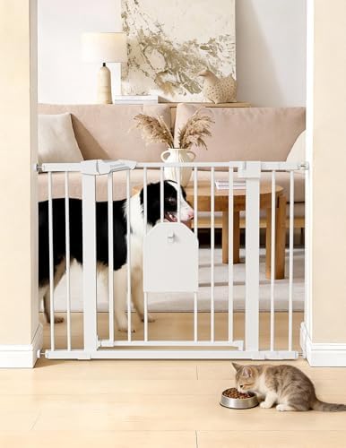 Babelio Auto Close Dog Gate with Cat Door, CatPrivilege I, 29-43" | Safety Gate for Doorway & Stairs, Easy Walk Thru with Pet Door, Includes 4 Wall Cups and 3 Extension Pieces, White