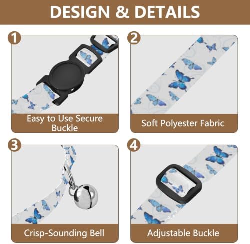 Butterflies Blue White Cat Collar 2 Pack for Puppy Adjustable Length 10.6" to 17.1"