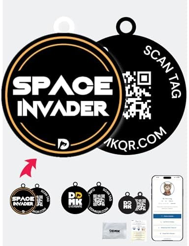 DDMK Smart Pet Tag Set | Includes 3 Tags | QR Code for Instant Alerts | Custom Pet Profiles | Durable & Waterproof | No Subscriptions or Fees |7-Space Invader